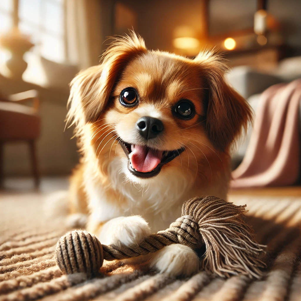 소형견이 장난감을 물고 놀고 있는 모습