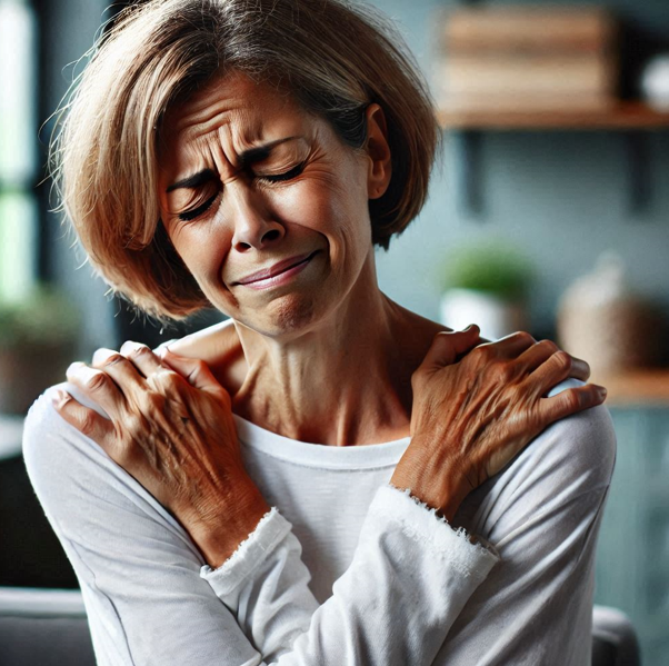 오십견으로 고통받는 중년 여성의 이미지: 어깨를 붙잡고 고통스러워하는 표정의 50대 여성