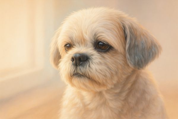 창가에서 들어오는 부드러운 햇살을 받으며 생각에 잠긴 듯한 노령견의 얼굴 클로즈업 사진. 강아지 치매의 정서적 측면을 암시합니다.