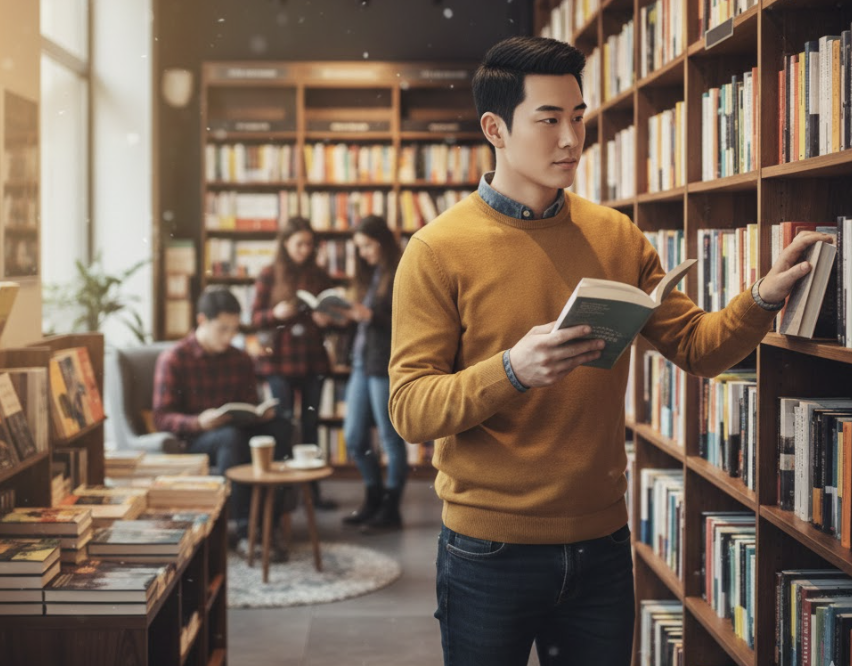 서점에서 책을 읽고, 고르는 사람들 이미지