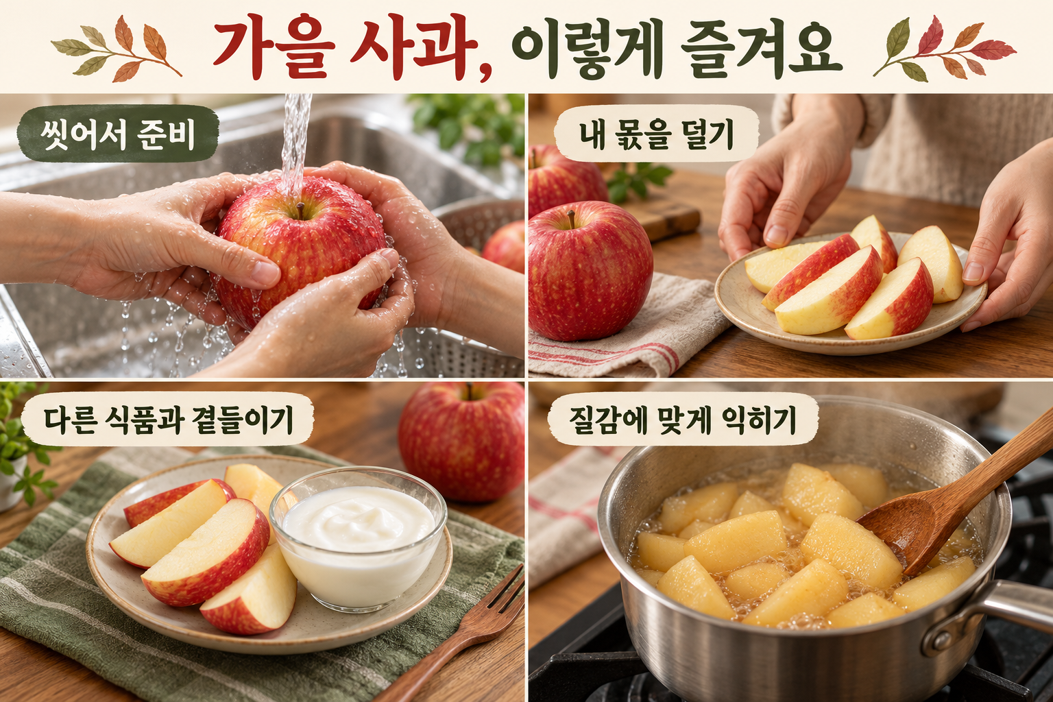 씻기, 내 몫 덜기, 다른 식품 곁들이기, 질감에 맞게 익히기의 네 실사 장면.