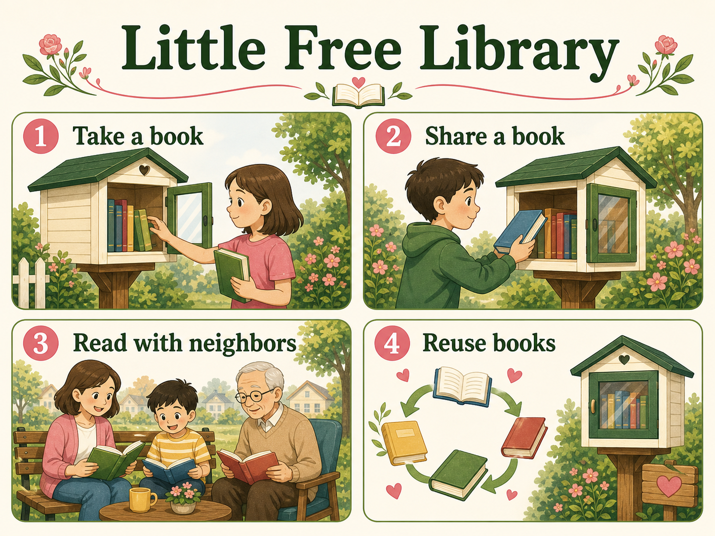 Infographic explaining how a Little Free Library works