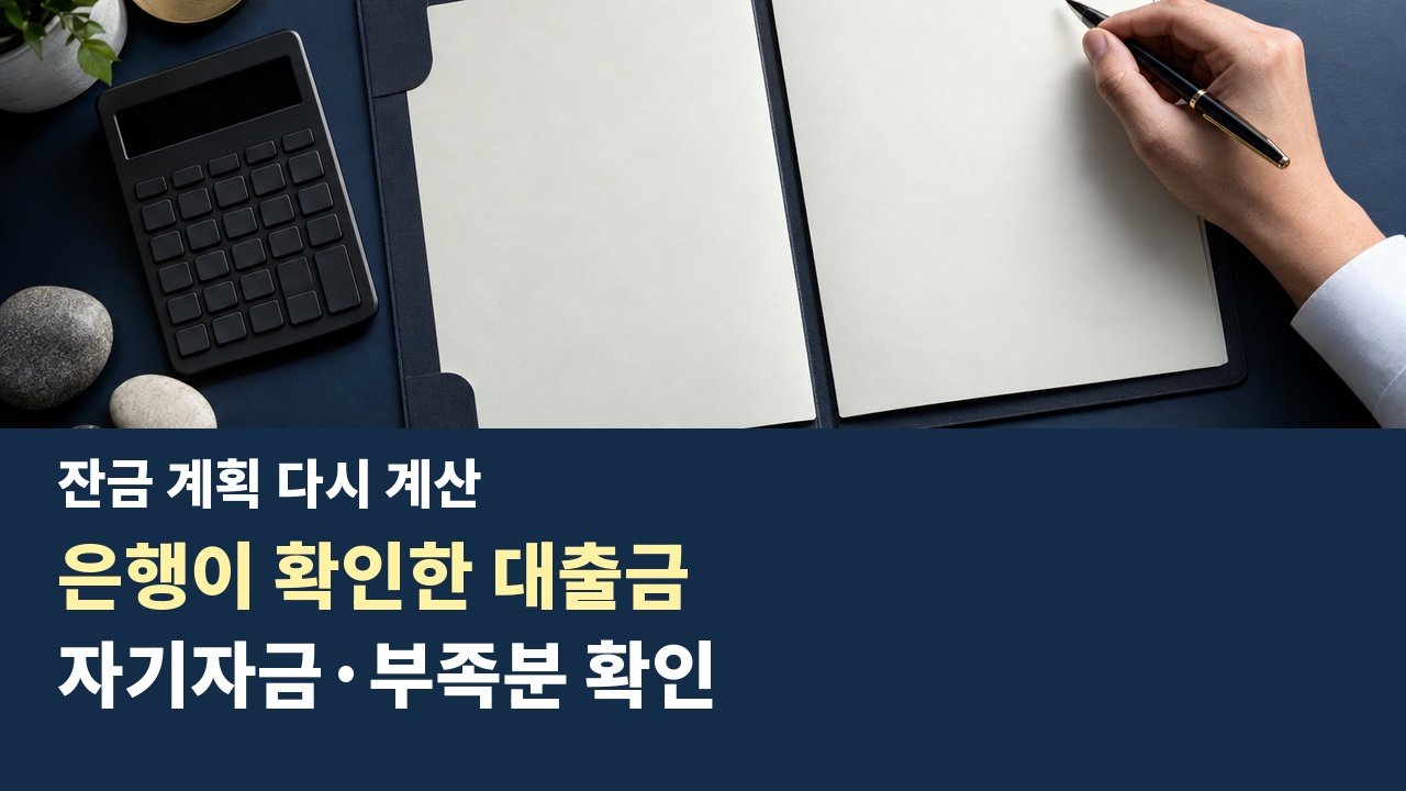 계약 전에 은행 확인 금액으로 잔금과 자기자금의 부족분을 계산하도록 돕는 서류·계산기 연출
