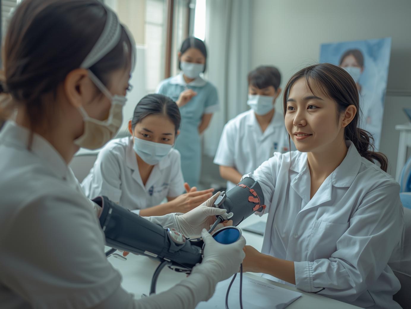 많은 사람들이 순차적으로 고혈압 측정을 하고 있는 모습