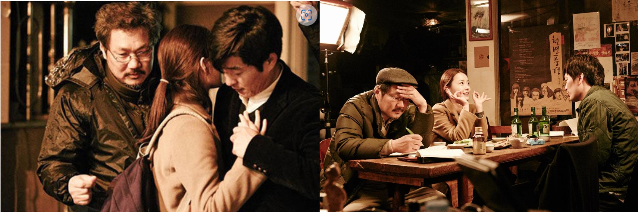 영화 <우리 선희>에서 대사 연출하는 홍상수 감독과 배우들 이미지