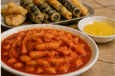붉은 떡볶이 접시 옆에 김말이와 여러 종류의 튀김, 노란 단무지가 놓인 모습