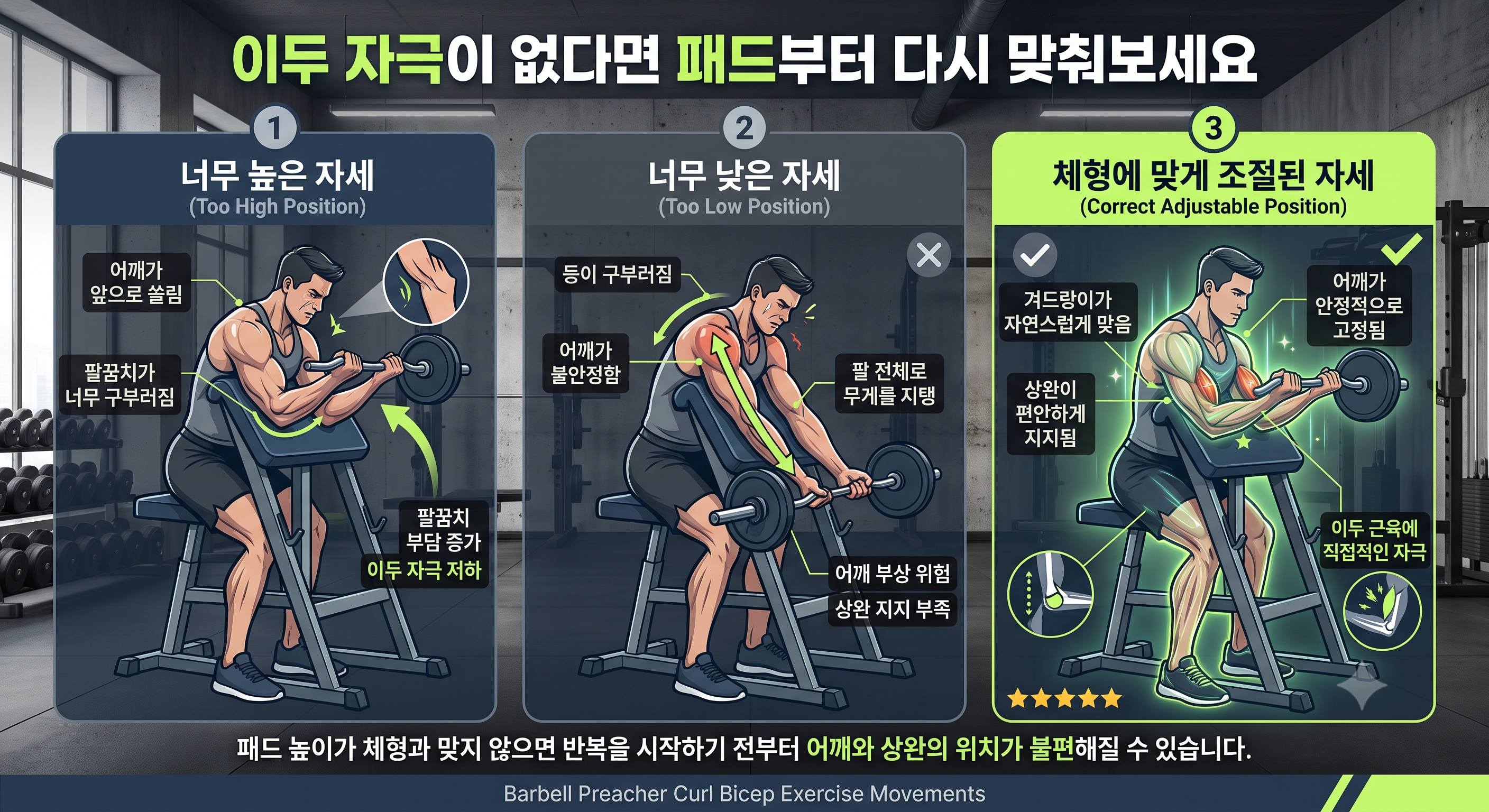 이두 자극이 없다면 패드부터 다시 맞춰보세요
