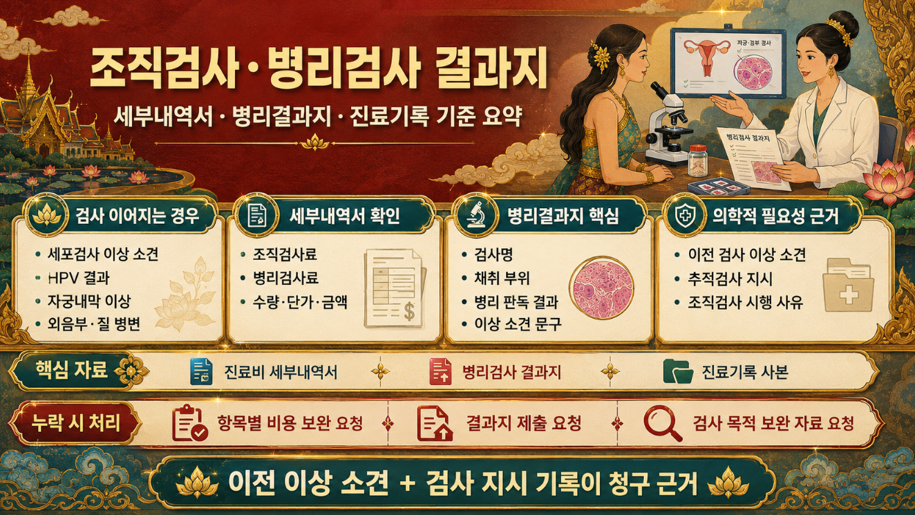 조직검사와 병리검사 결과지의 검사명, 채취 부위, 병리 판독 결과, 의학적 필요성 근거를 정리한 태국 전통 그림 스타일 인포그래픽