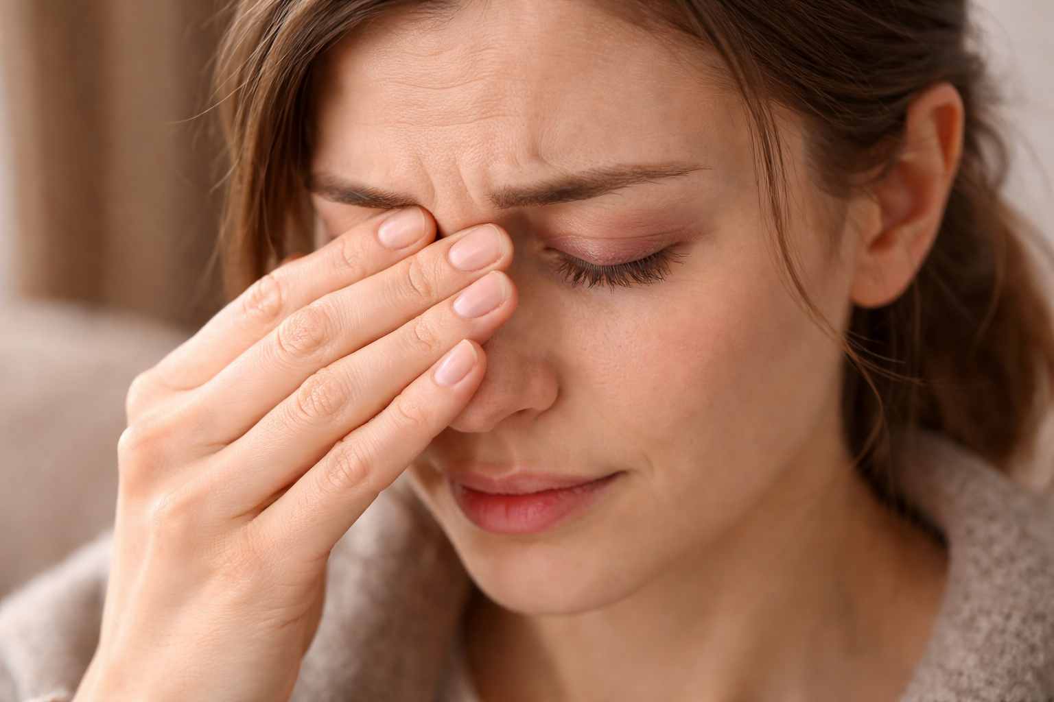 눈의 피로를 느끼며 눈가를 만지는 사람의 모습