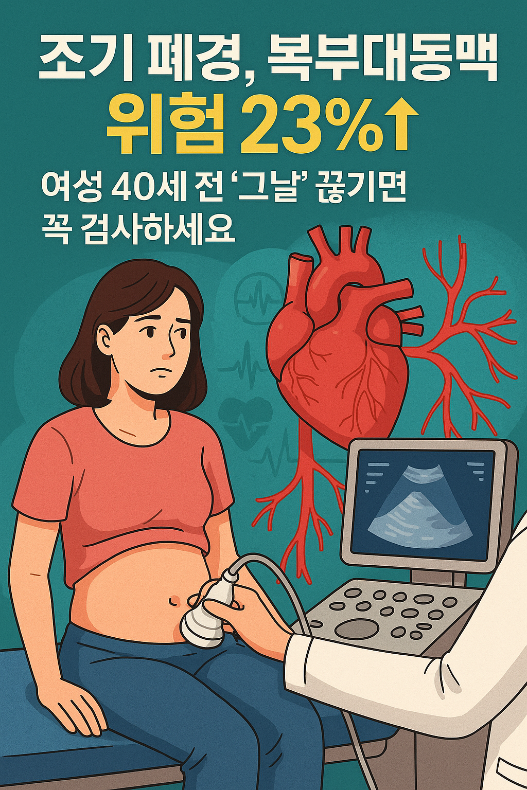 “조기 폐경 여성의 복부 초음파 검사 장면 – 복부 대동맥류 조기 진단 캠페인 포스터”