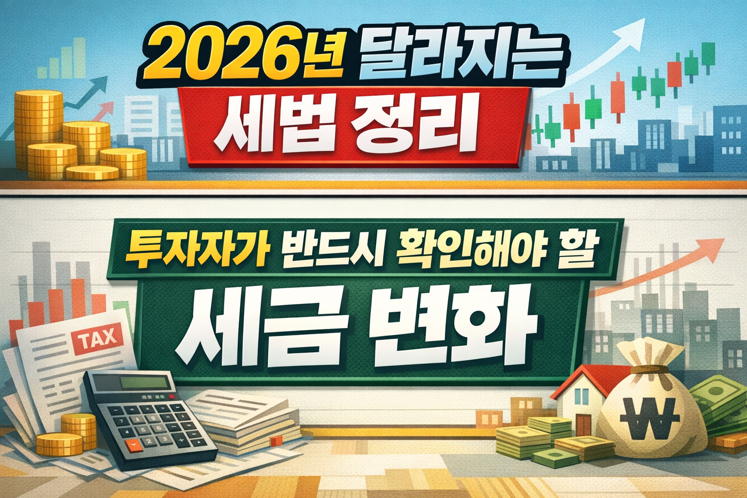 투자자가 반드시 확인해야 할 세금 변화 2D 썸네일 이미지, 2026년 세법 개정과 투자자 절세 전략 핵심 정리