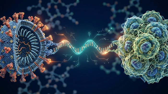감염병 백신에서 개인 맞춤형 암 치료로 확장되는 mRNA 기술의 구조적 변화를 표현한 이미지