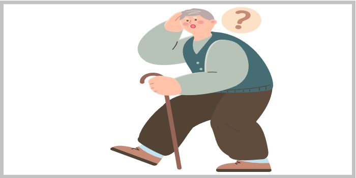 지팡이를 짚고 길을 걷다 깜빡한 듯한 표정을 짓는 노인 일러스트