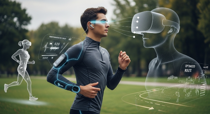 웨어러블 기기와 AI가 통합되어 미래형 개인 맞춤 운동을 제공하는 모습
