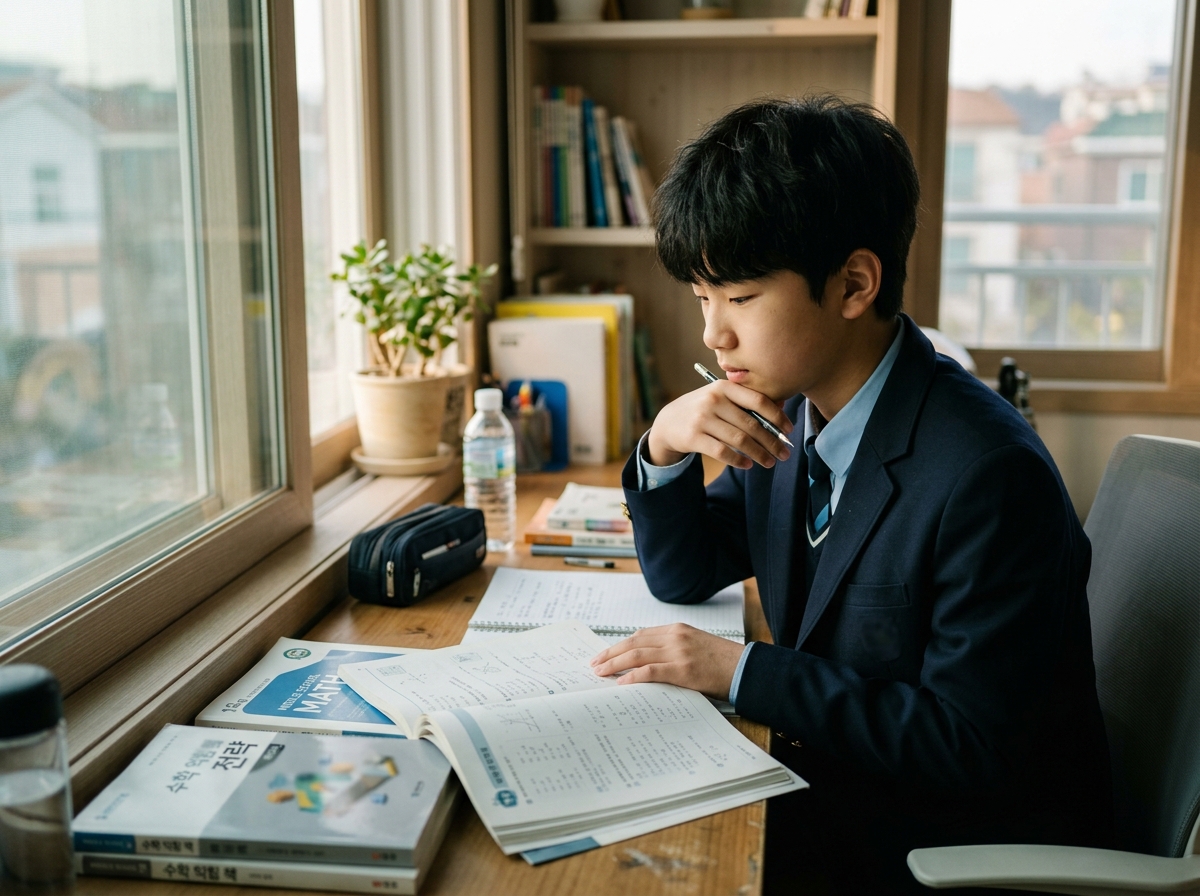 새 학년 수학 교재를 살펴보며 학습 계획을 고민하는 한국 중학생