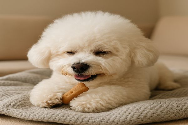 노즈워크 후 포근한 담요 위에 누워 간식을 먹으며 편안해하는 비숑. 눈이 살짝 감겨있고 표정이 만족스럽다.