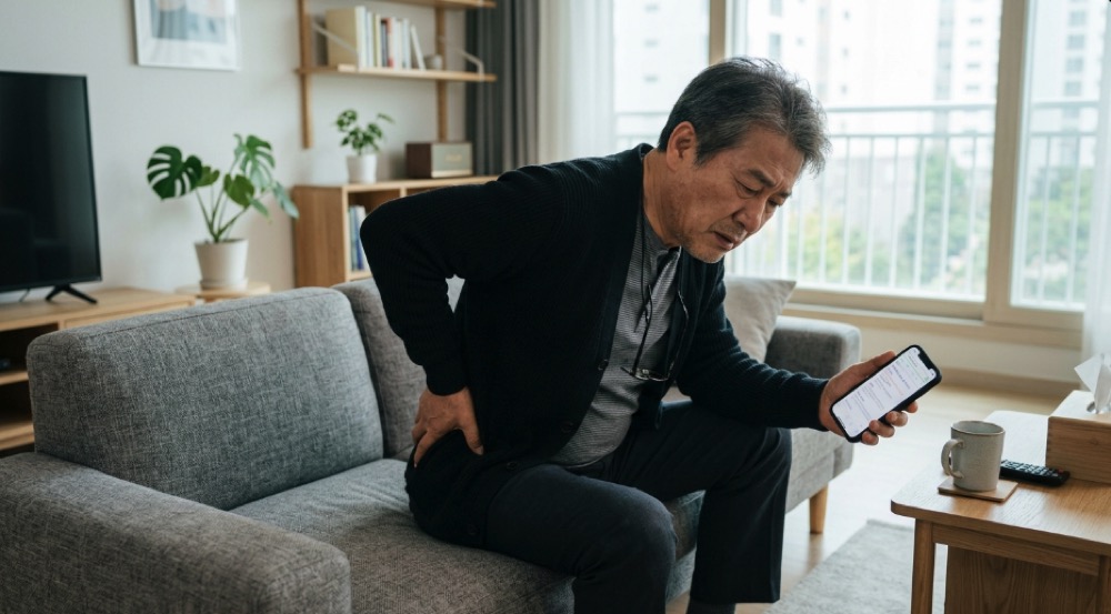 전립선암 초기증상과 함께 피로감을 느끼는 한국 남성 장면