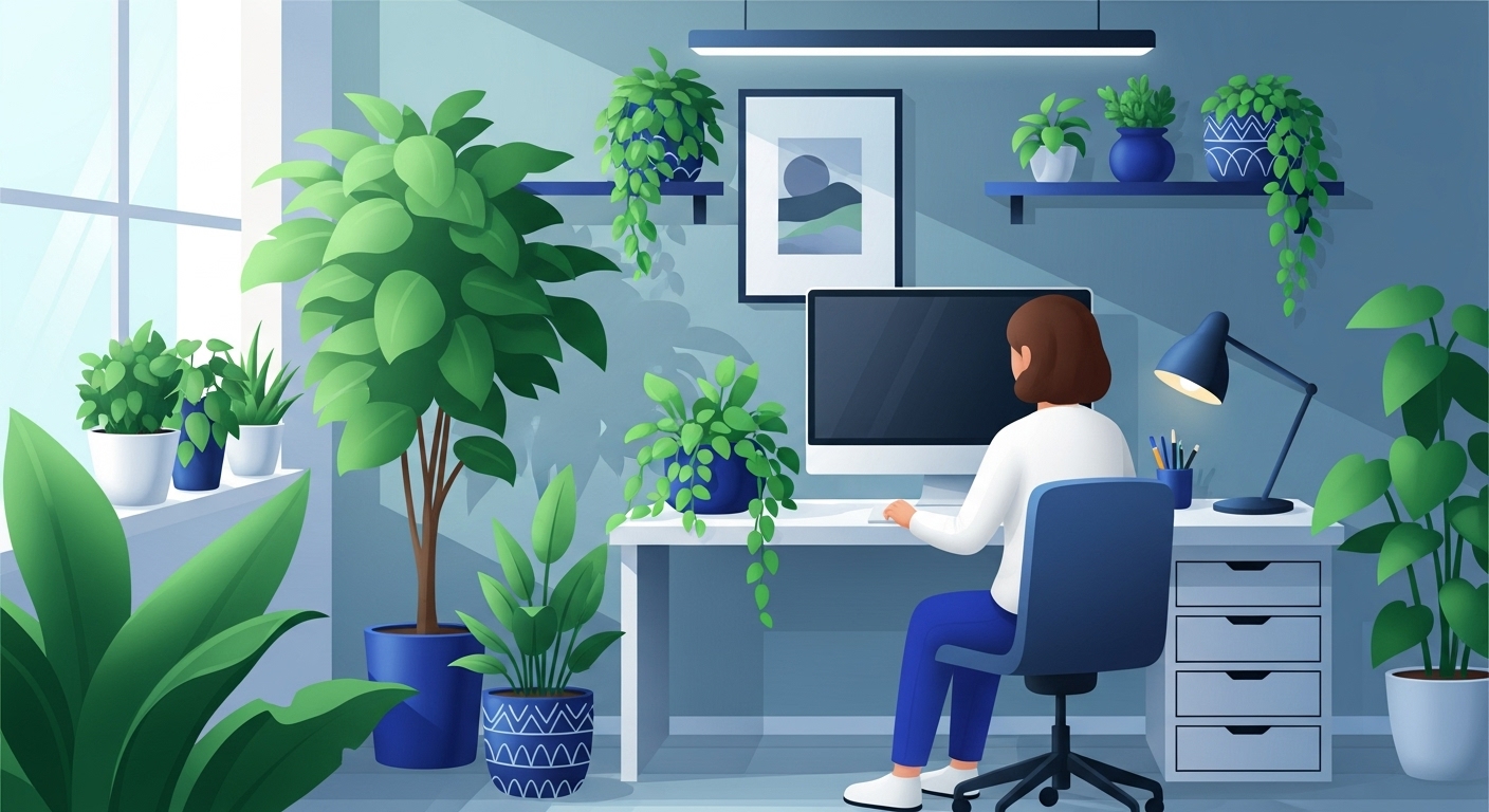 2026년 자연광이 가득한 블루-그레이 톤의 모던 그린 홈 오피스. 다양한 공기 정화 식물이 배치되어 쾌적하고 생산적인 업무 환경을 조성하는 플랜테리어.