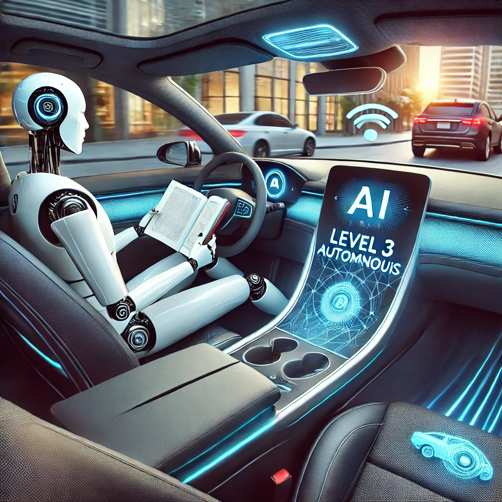 현대적인 레벨3 자율주행 자동차의 내부, 운전자가 책을 읽으며 차량이 스스로 주행하는 모습