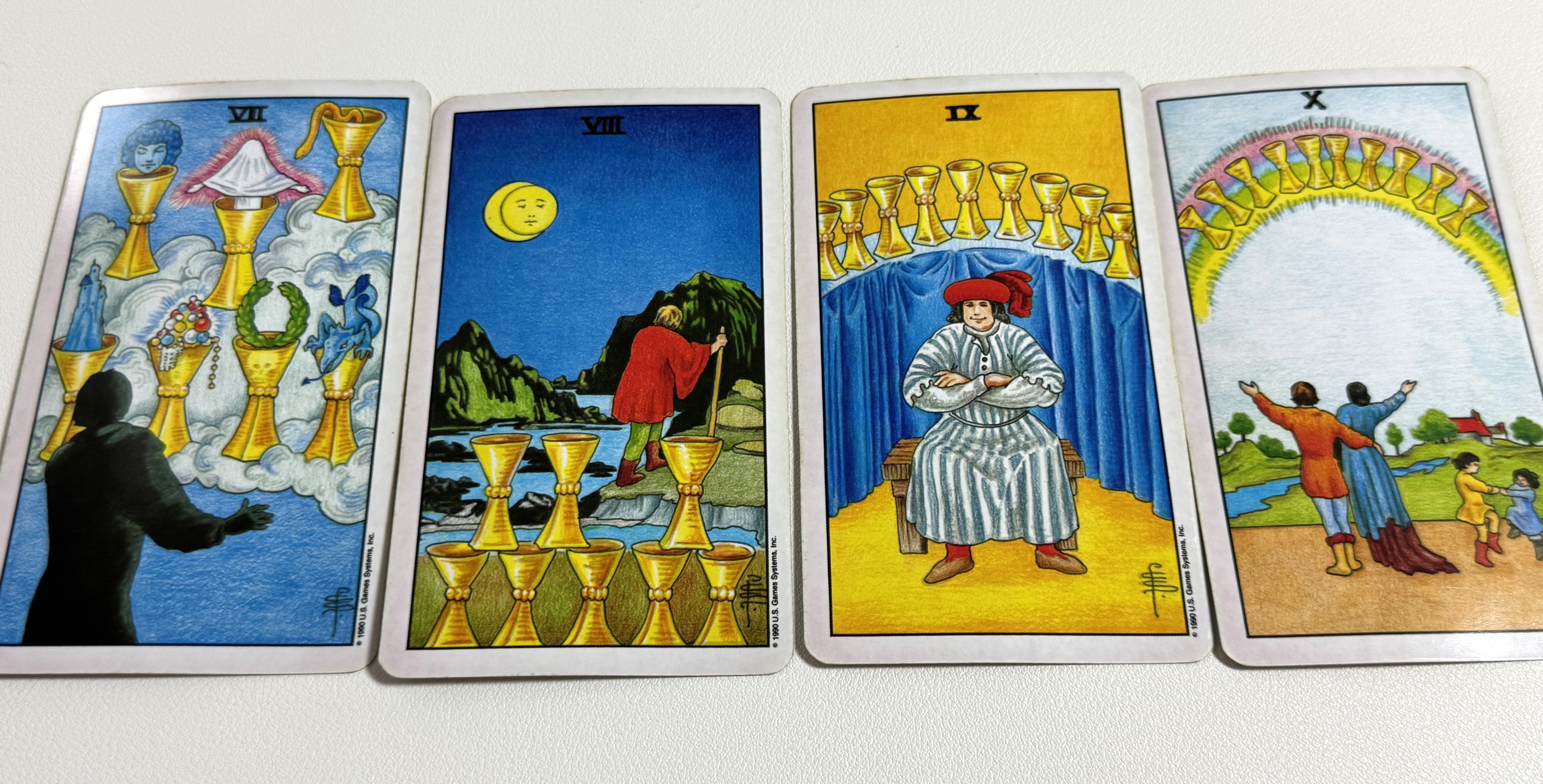 컵 7번, 컵 8번, 컵 9번, 컵 10번 타로 카드