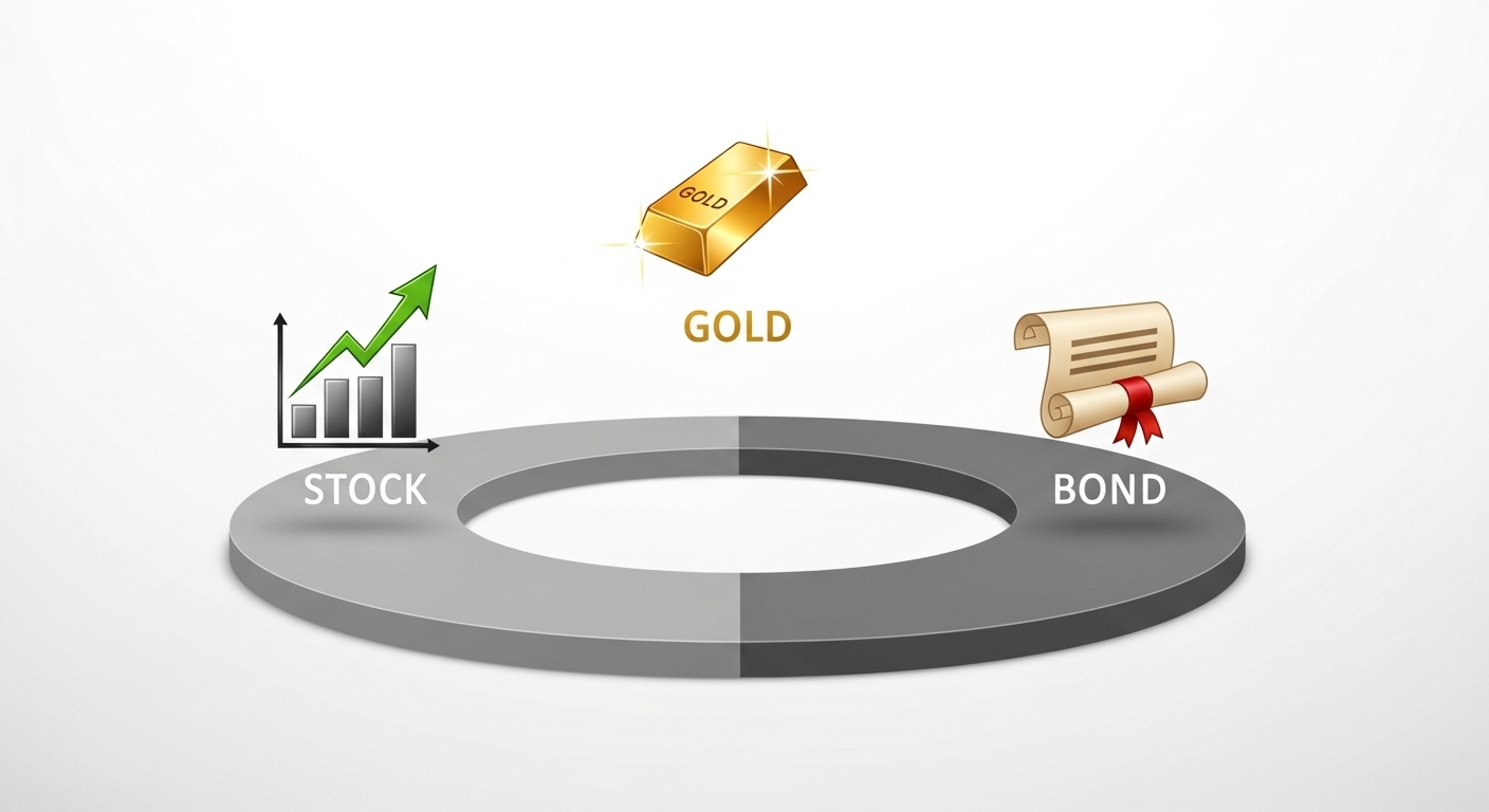 주식, 금, 채권 아이콘이 원형 차트 형태로 균형을 이루는 모습