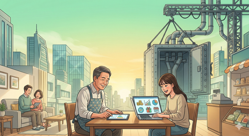 정책 변화 대비 가계 및 소상공인 생존 전략: 태블릿으로 예산과 마케팅을 점검하는 모습