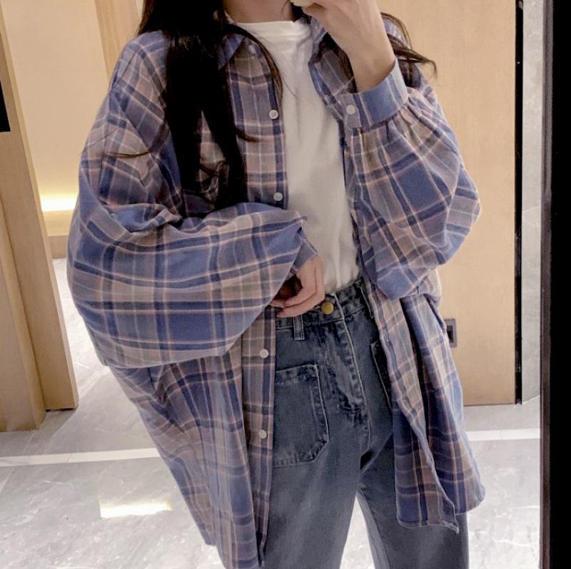 봄 여름 가을 겨울 여성 루즈핏 오버핏 여자 체크셔츠 롱 남방