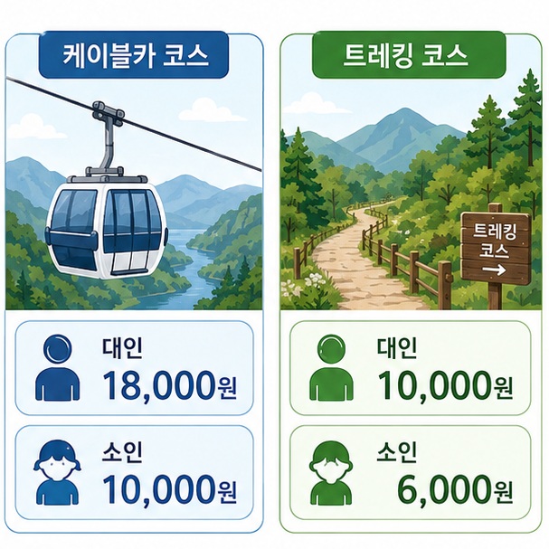 소금산 그랜드밸리 케이블카 코스는 대인 1만8천원이고 트레킹 코스는 대인 1만원으로 이동방법에 따라 이용요금이 달라짐을 보여 주는 그림