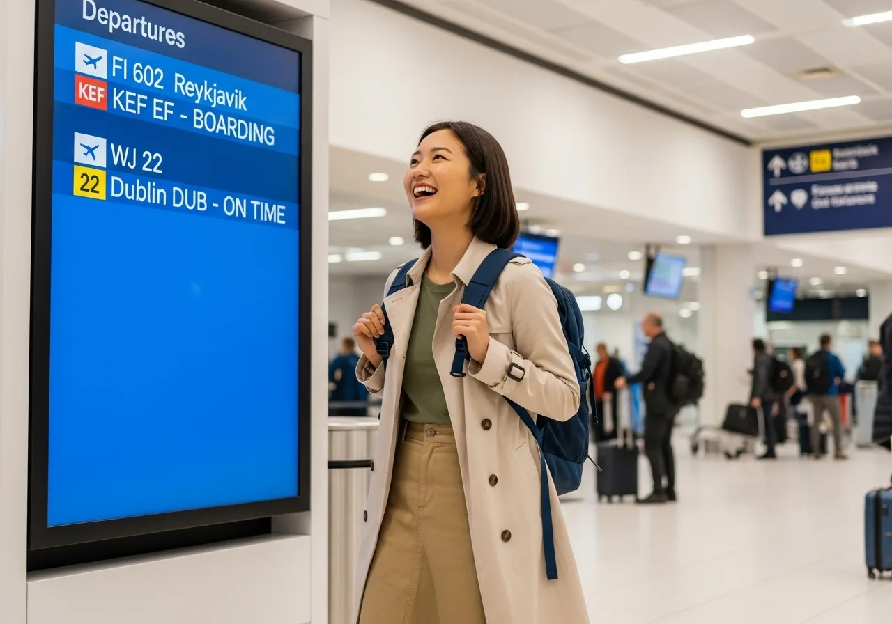 활동적인 복장의 젊은 한국인 여성이 공항 출발층에서, 유럽행 도시들이 표시된 항공편 안내판을 보며 설렘 가득한 표정으로 환하게 웃고 있다