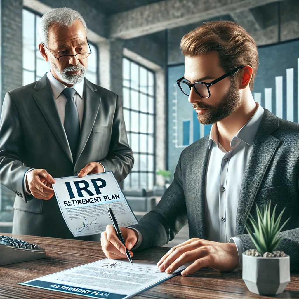 사업가가 금융기관에서 IRP 가입 서류에 서명하는 모습