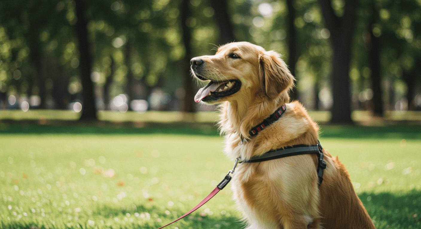 여름 공원에서 숨을 헐떡이는 골든 리트리버