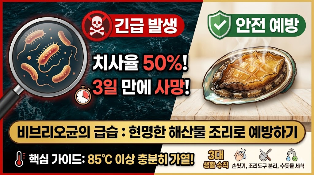 "비브리오 패혈증 치사율 50% 경고와 85℃ 이상 충분히 가열 조리라는 예방 핵심 가이드가 담긴 썸네일"