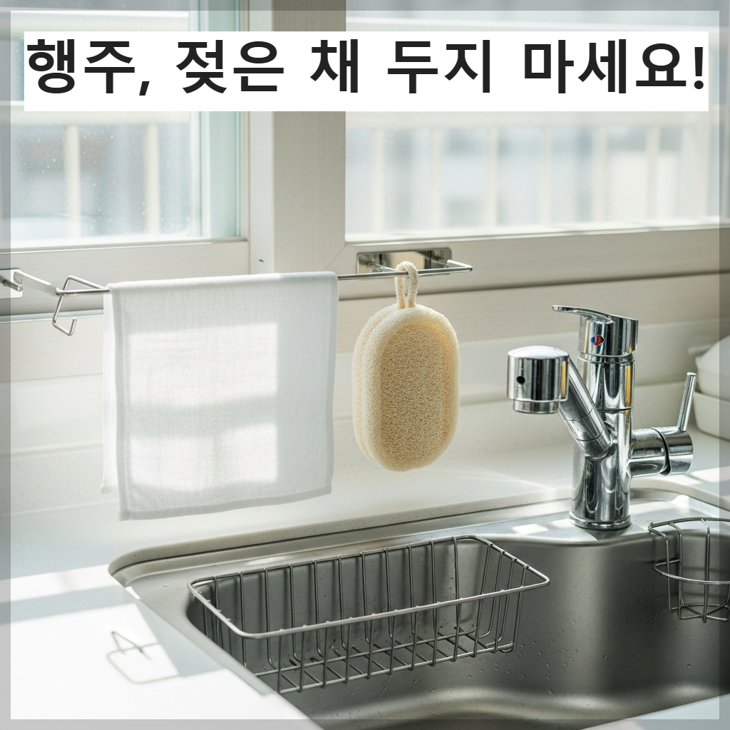 한국식 아파트 주방 싱크대 위, 햇살이 잘 드는 곳에 하얀 행주와 천연 수세미가 건조대에 걸려 바짝 말라가고 있는 깨끗하고 위생적인 모습