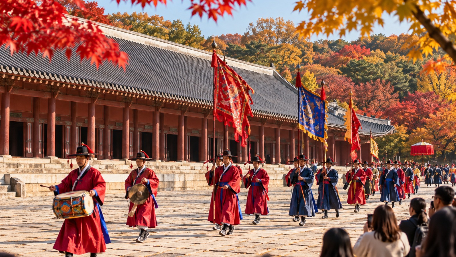 종묘 전각 앞에서 전통 복식의 순라 행렬을 지켜보는 관람객들
