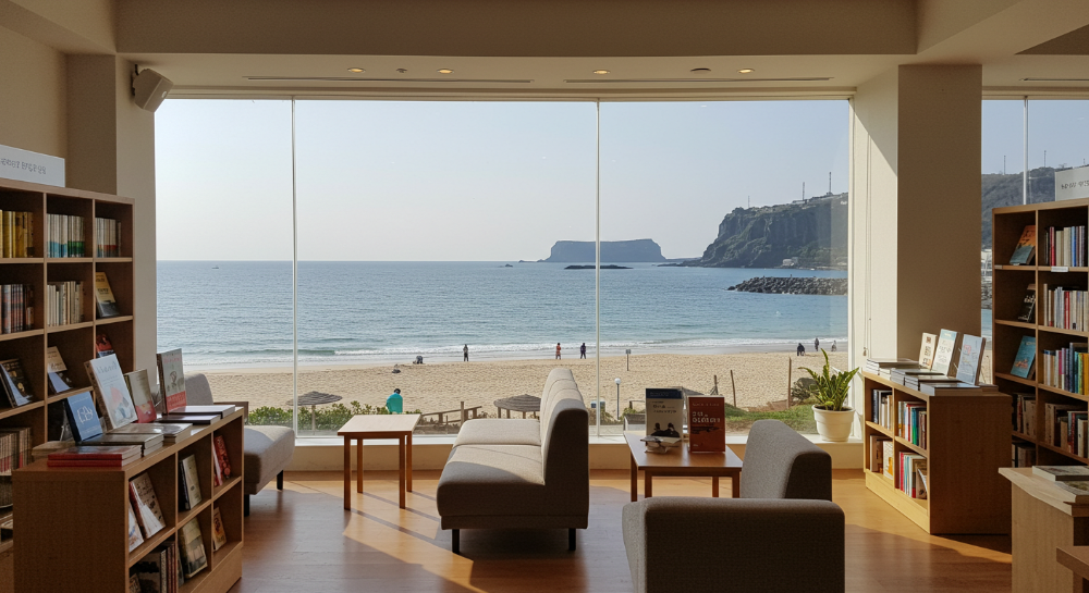 제주 세화 바닷가를 배경으로 책 읽는 소라의 책방 내부