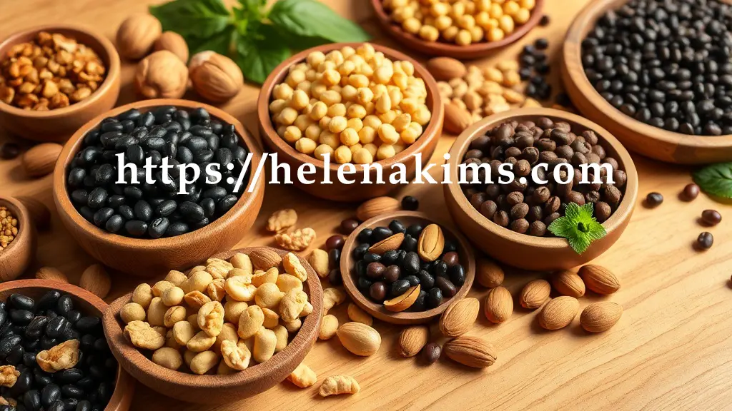 밝은 나무 테이블 위, 다양한 콩류(검은콩, 렌틸콩, 병아리콩)와 견과류(호두, 아몬드, 브라질너트)가 나무 볼과 작은 접시에 각각 정갈하고 풍성하게 담겨있다