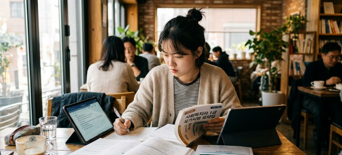 카페에서 태블릿으로 사회복지사 1급 교재를 보며 집중하고 있는 수험생