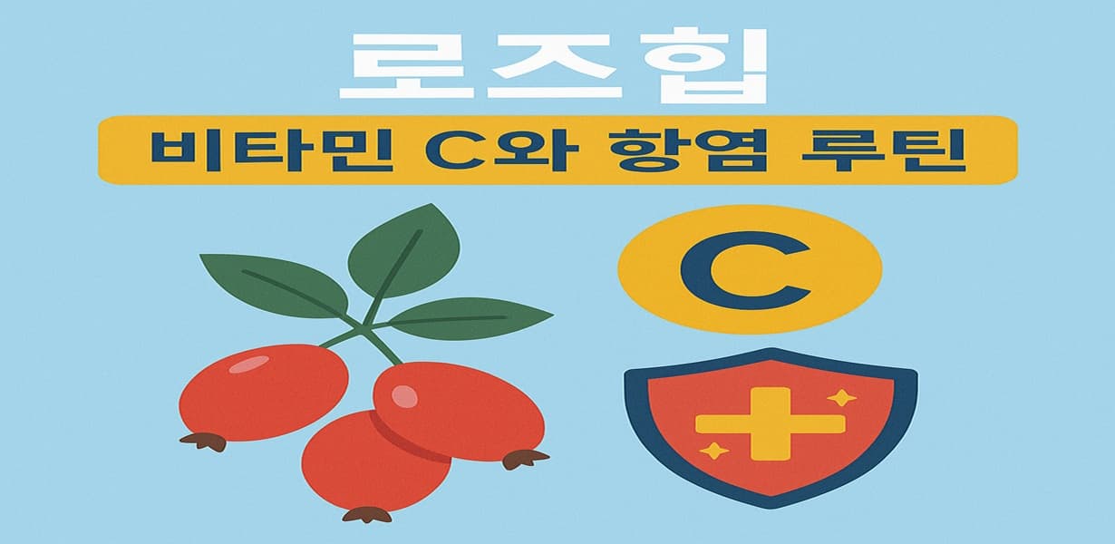 “로즈힙의 비타민 C 함량과 항염 루틴 기능을 표현한 인포그래픽 이미지”