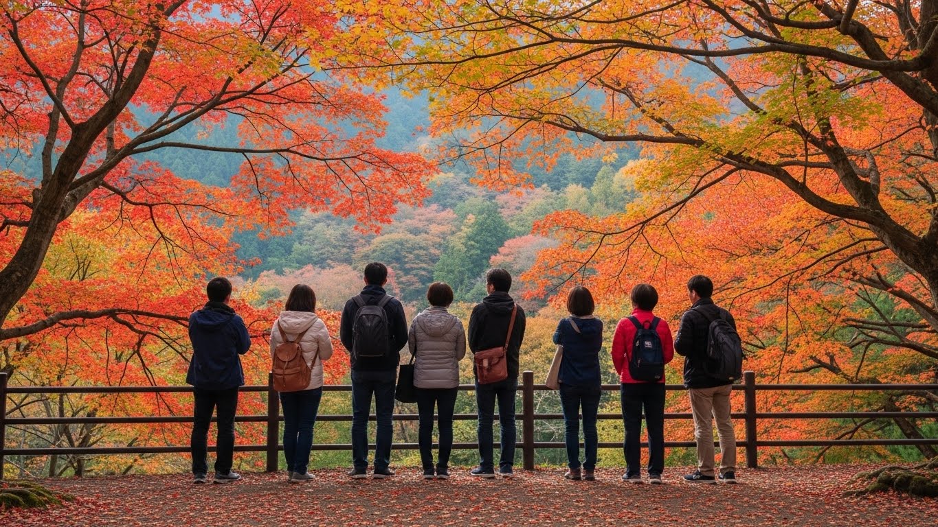 중년 모임에서 가을 단풍을 보고 있는 모습
