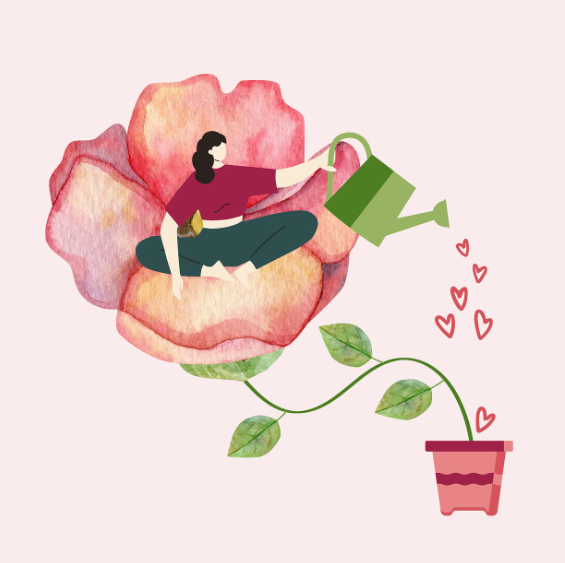 자기성찰과 내면 성장을 상징하는 이미지 – 꽃 위에 앉아 물을 주며 사랑과 성장을 키우는 여성의 모습
