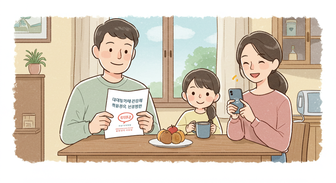 건강보험료 환급 안내를 확인하며 웃는 가족