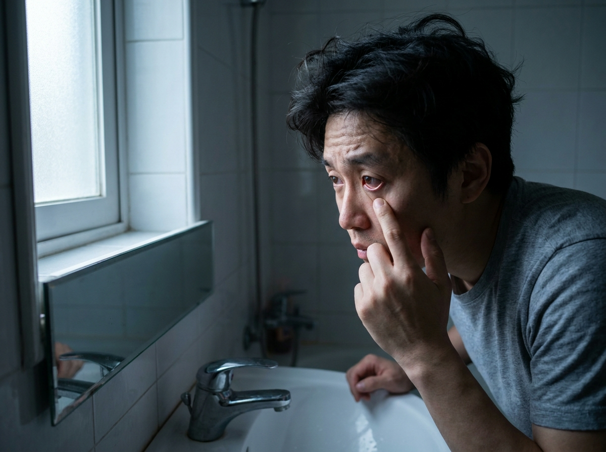 아침 세면대 거울 앞에서 충혈된 한쪽 눈을 살펴보는 한국인 중년 남성