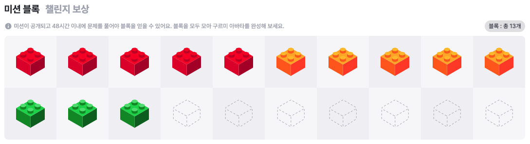 구름톤 챌린지 13일차 미션 블록 수집 현황이다.