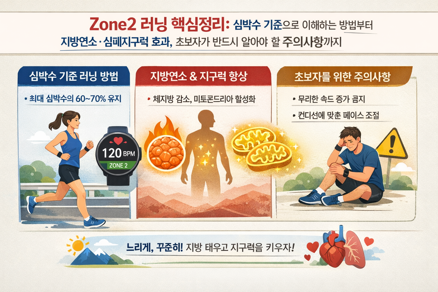 Zone2 러닝 방법&middot;효과&middot;주의사항을 정리한 심박수 기반 러닝 인포그래픽