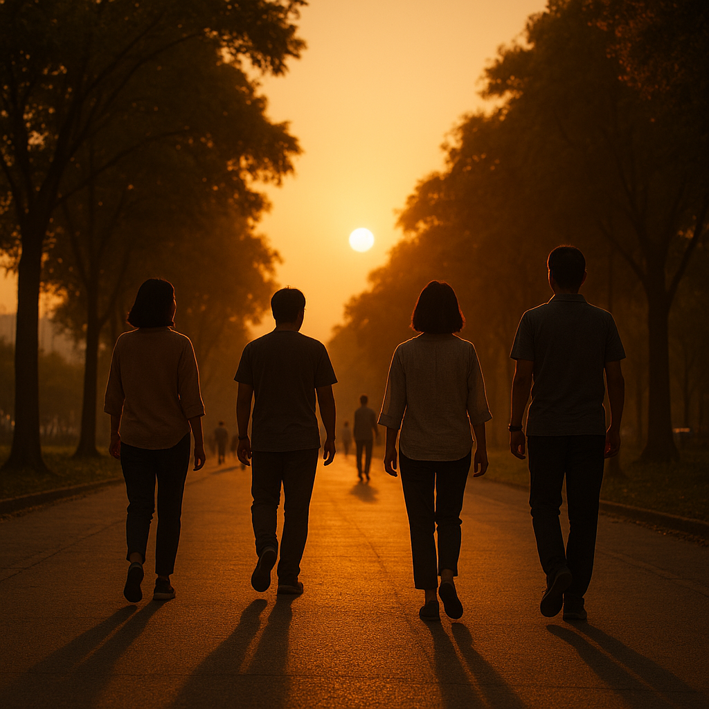 해 질 무렵 공원을 걷는 사람들의 실루엣