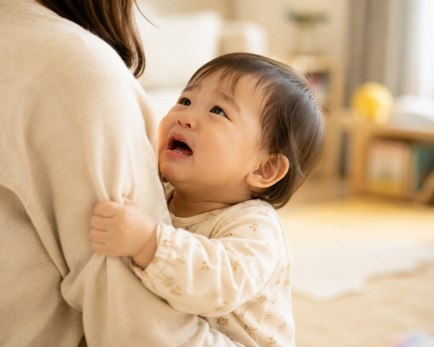 엄마에게 매달리며 안아달라는 아기