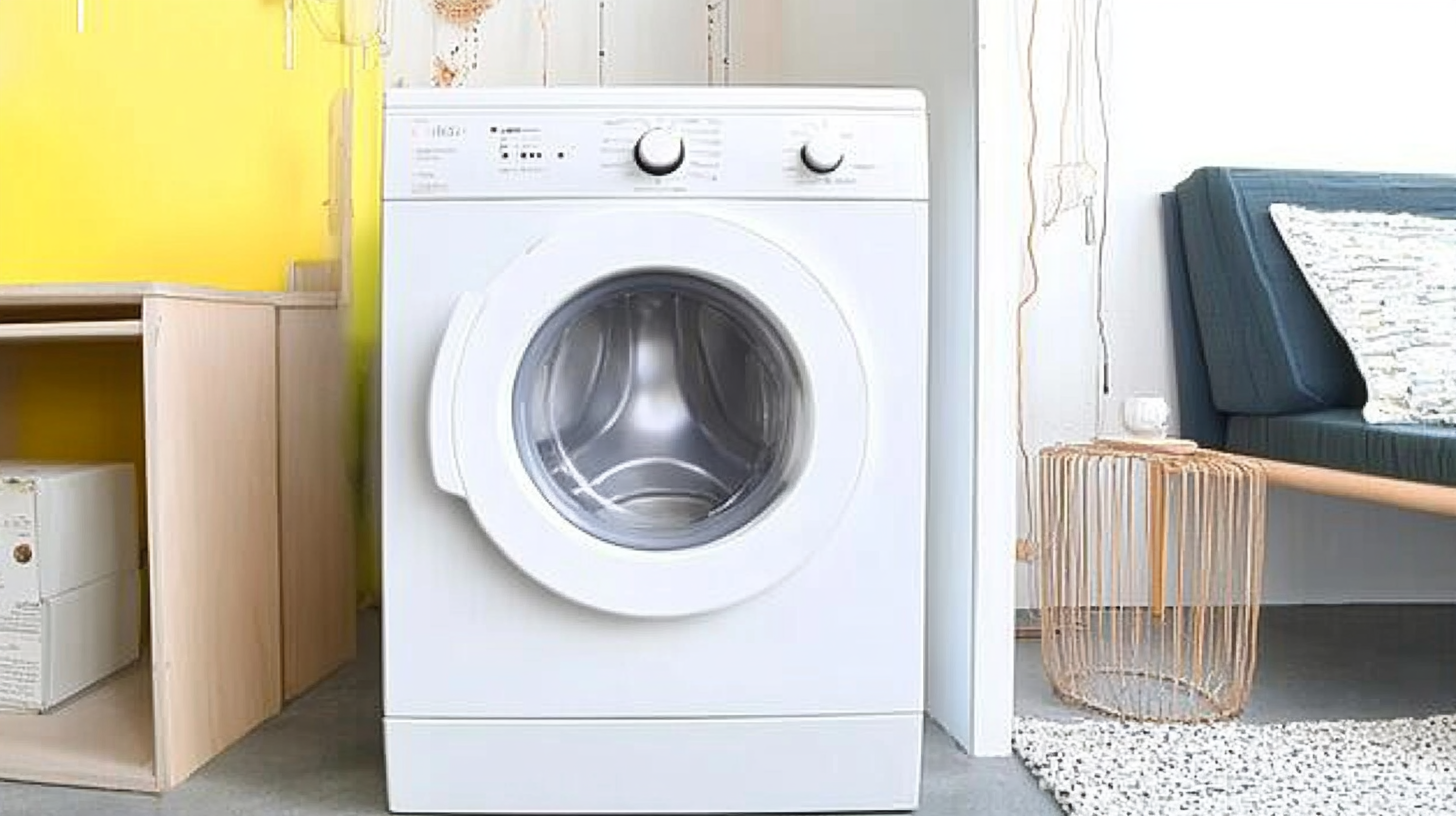 소형 스튜디오 아파트와 대조되는 세탁기로 공간 효율성을 강조하는 이미지, 간결하고 기능적인 디자인