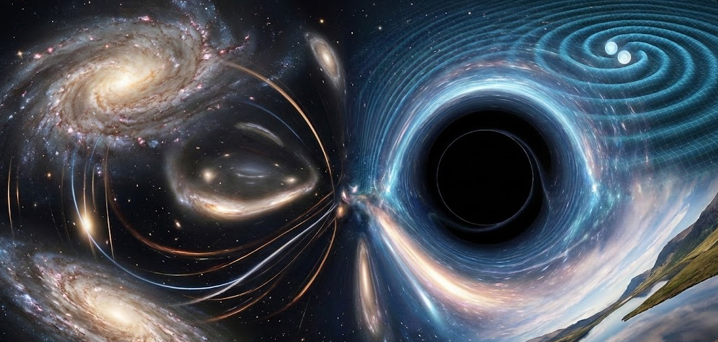 중력에 의한 시공간의 휘어짐을 시각화한 이미지. 거대한 블랙홀과 주변의 시공간 그리드 왜곡, 나선 은하와 우주 공간이 결합된 다큐멘터리 스타일의 배경.