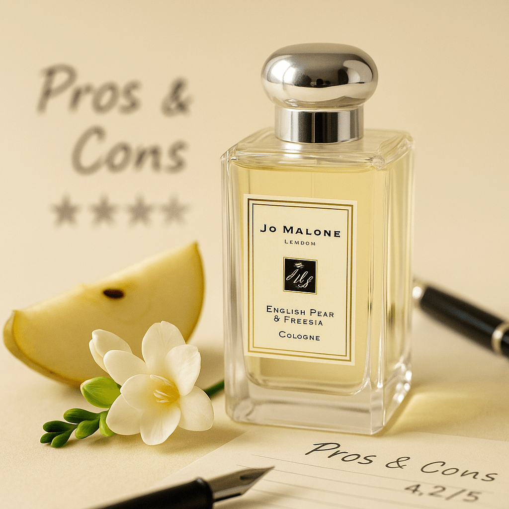 조 말론 잉글리쉬 페어 앤 프리지아 100 ml 향수 보틀, 배 조각과 흰 프리지아, &lsquo;Pros &amp; Cons&rsquo; 노트가 배경인 후기 분석 대표 이미지