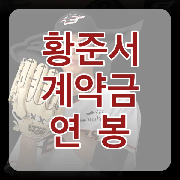 검은배경 흰 유니폼을 입고 노란색 글러브를 들고 있는 황준서 위 흰테두리 붉은글씨 황준서 계약금 연봉